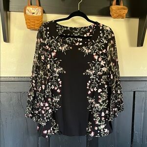 Floral Black Women's Top bubble bottom rose 1x sheer EUC ALFANI